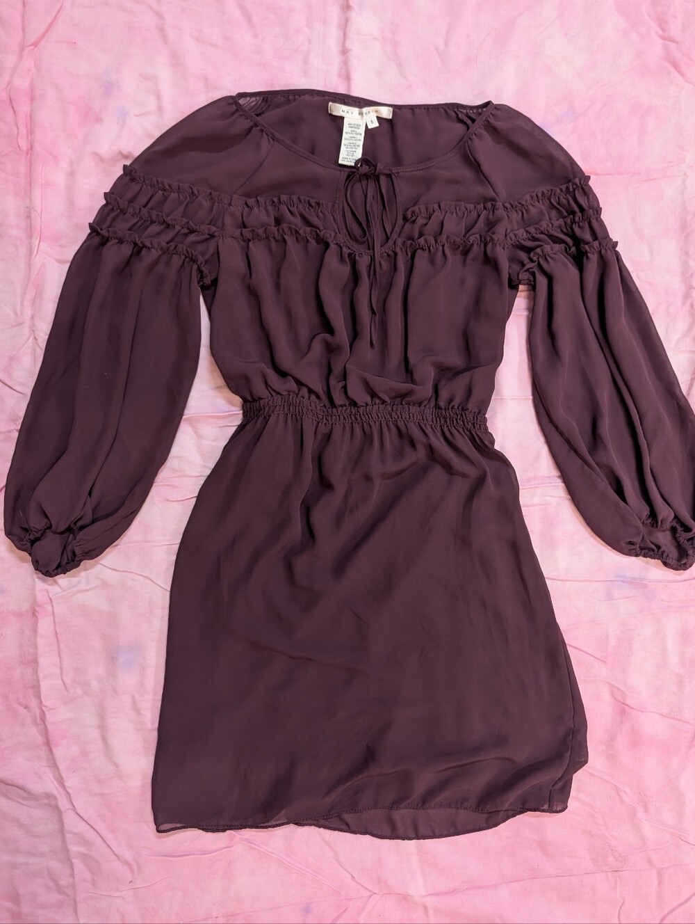 Max Studio Plum Small Smocked Waist Dress Peasant Sleeve